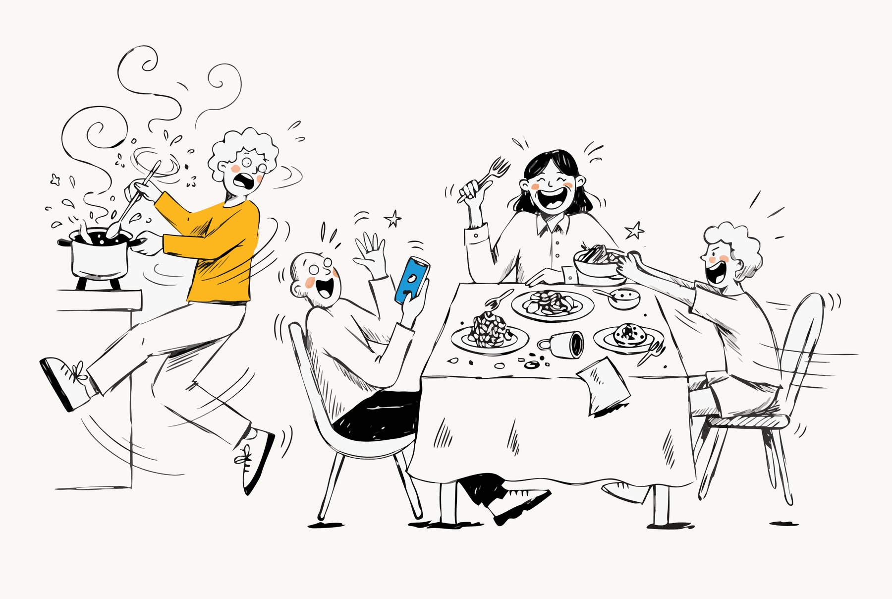 A family cooking and laughing together around a full dinner table